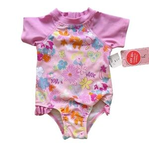 Floatimini Pink Floral UPF 50+ Short Sleeve Rash Guard Swimsuit Size 12M